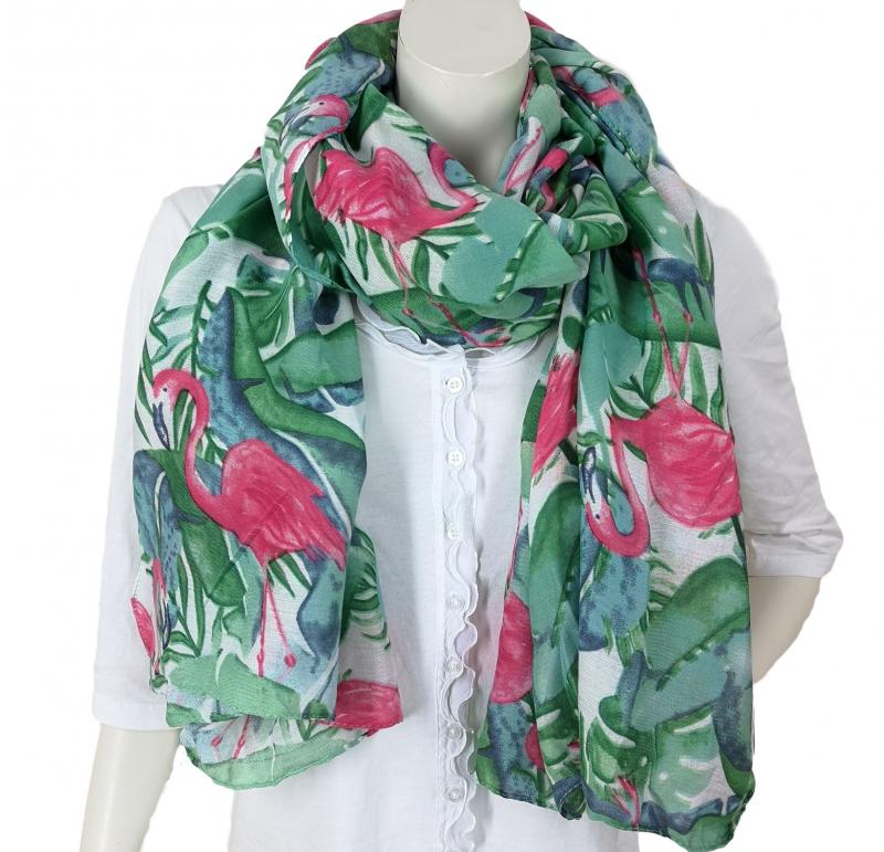 Sommertuch Schal XL Tuch Flamingo Dschungel Bunt Pink Hellgrün Grün Blau Weiß