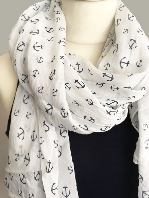 Italy Schal Tuch Loop Weiß mit Seide Baumwolle Anker dunkelblau
