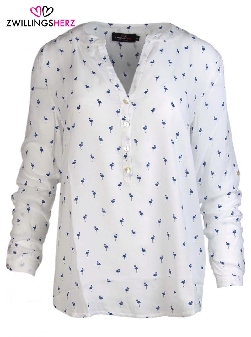 Zwillingsherz Bluse weiß Flamingo Motiv dunkelblau