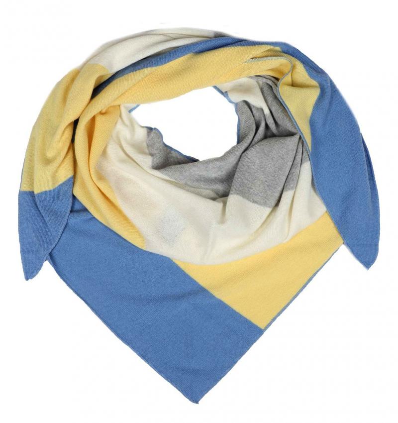 Zwillingsherz Dreieckstuch Streifen Colorblocking mit Kaschmir Wolle Blau Gelb Grau Weiß