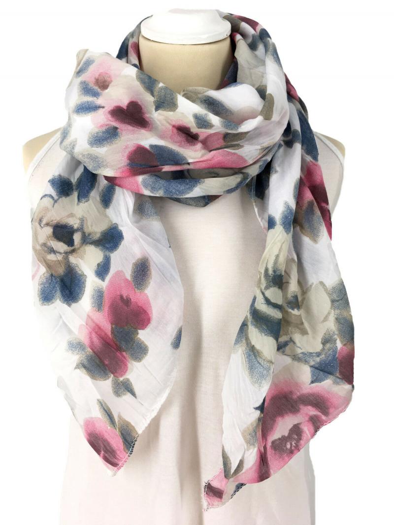 Tuch Loop Schal mit Seide Baumwolle Rosen bunt weiß rosa pink blau und beige