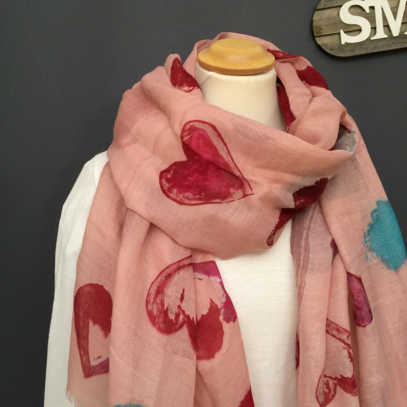 Tuch Schal Schultertuch  rosa altrosa Viskose bunt Herzen  Kreise rot pink grün