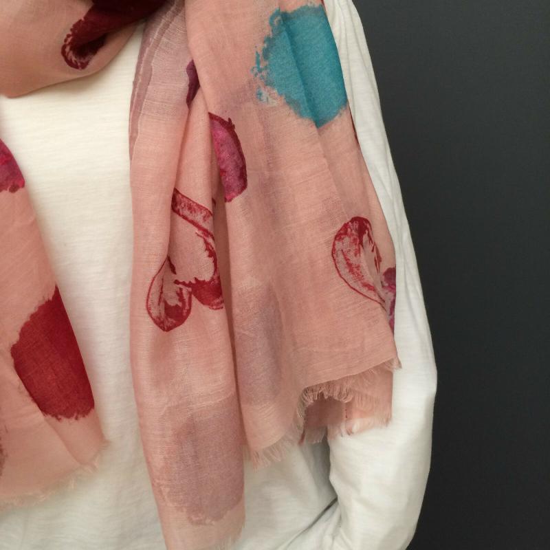 Tuch Schal Schultertuch  rosa altrosa Viskose bunt Herzen  Kreise rot pink grün