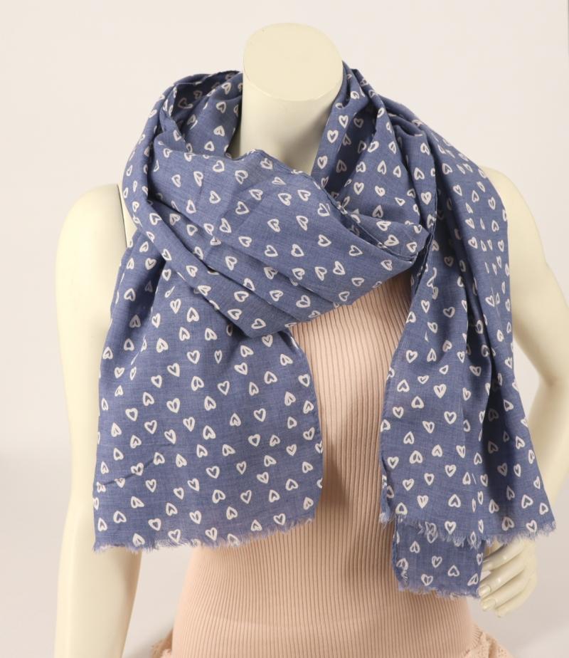 Tuch Schal Halstuch jeansblau Herzchen Muster weiß kleine Fransen mit Baumwolle