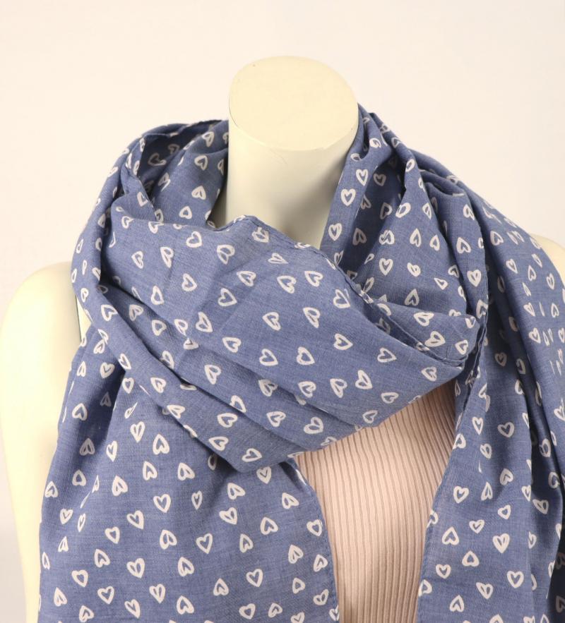 Tuch Schal Halstuch jeansblau Herzchen Muster weiß kleine Fransen mit Baumwolle