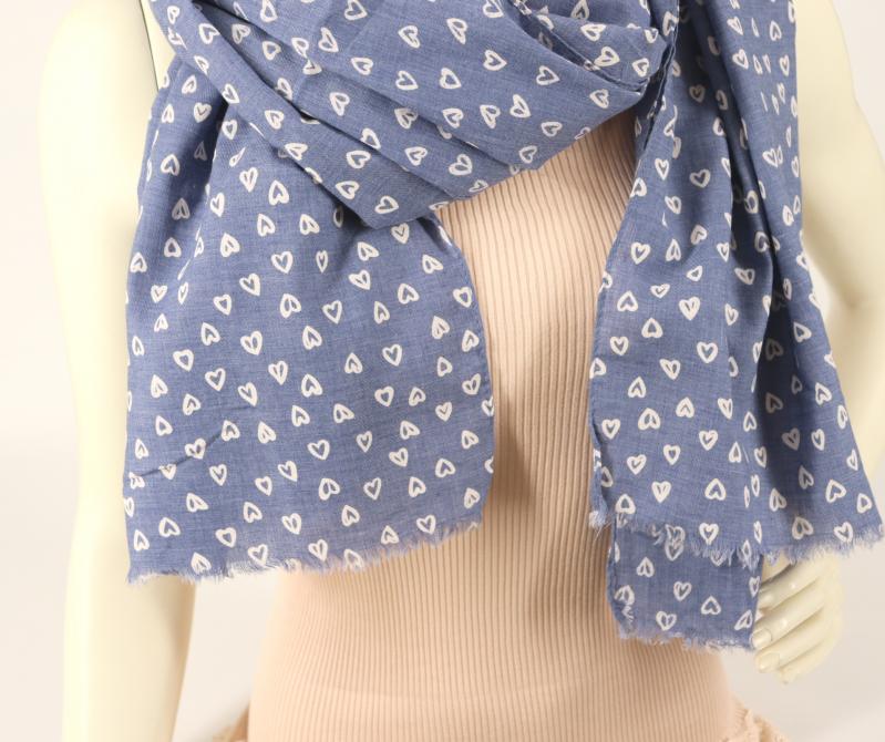 Tuch Schal Halstuch jeansblau Herzchen Muster weiß kleine Fransen mit Baumwolle