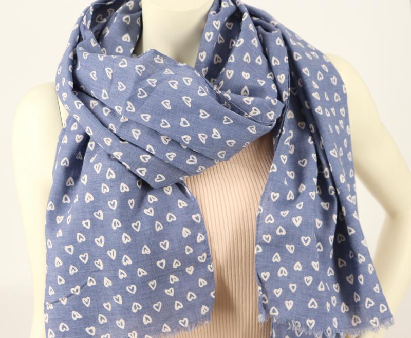 Tuch Schal Halstuch jeansblau Herzchen Muster weiß kleine Fransen mit Baumwolle