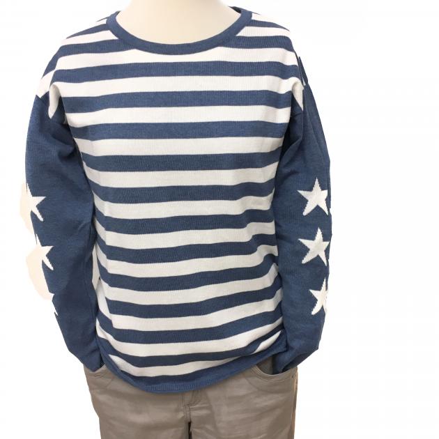 Strickpullover geringelt jeansblau weiß mit Sternen an den Ärmeln