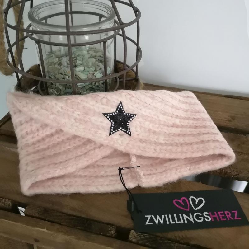Zwillingsherz Stirnband rosa Stern Schwarz Strass mit Wolle Strick Ohrenschützer