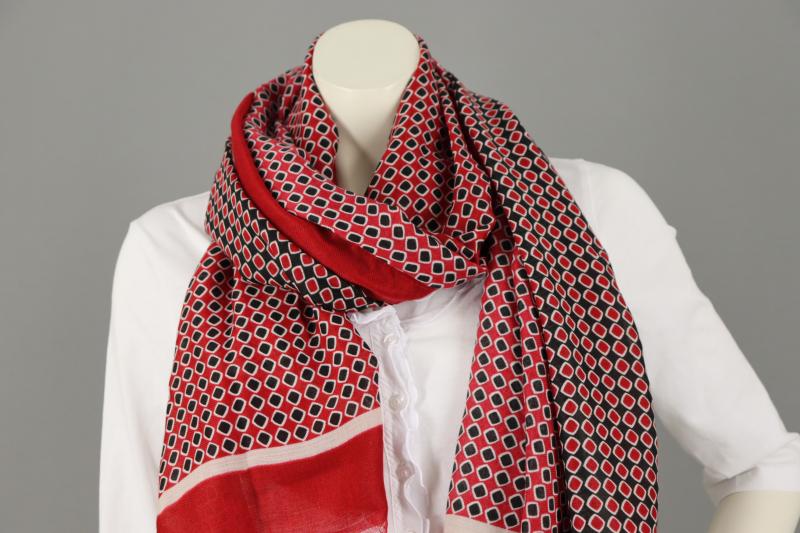 Damenschal XL Tuch dunkelblau rot hellbeige Rauten kleine Fransen