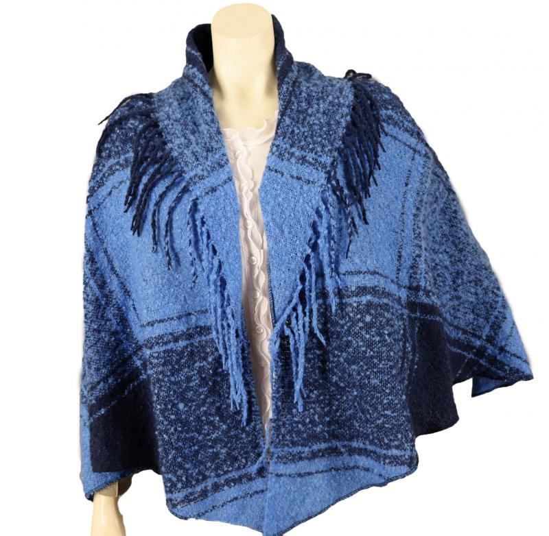 A-Zone Poncho Schal XXL Tuch Bouclé-Optik dunkelblau hellblau lange Fransen
