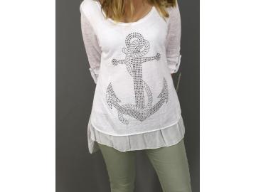Langarmshirt leichter Pullover zweilagig Nieten Anker weiß mit Viskose