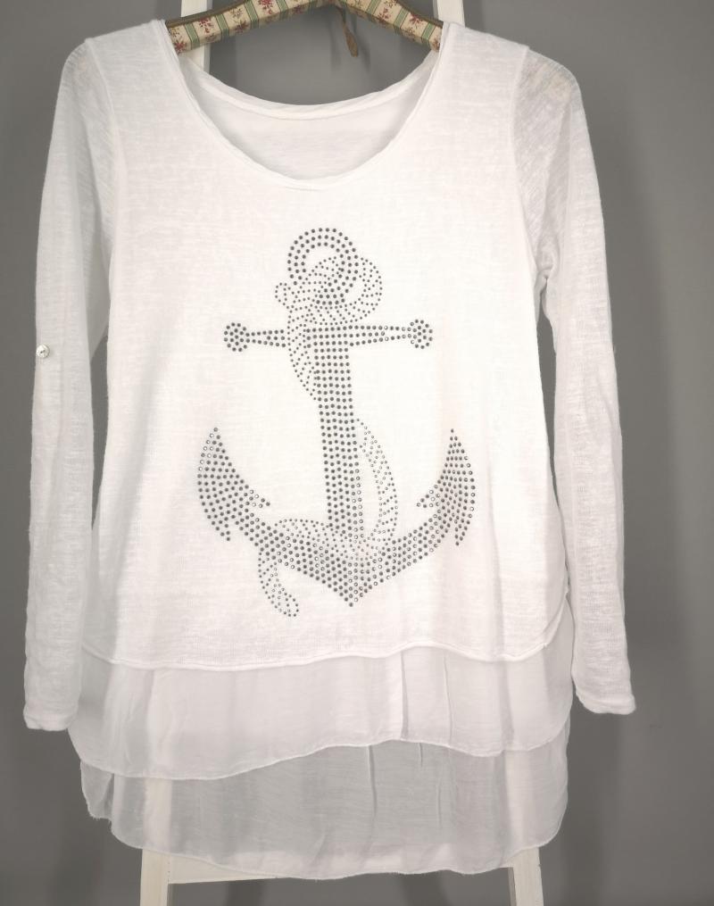 Langarmshirt leichter Pullover zweilagig Nieten Anker weiß mit Viskose
