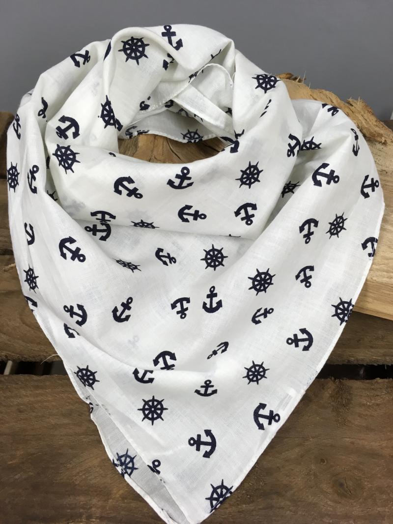 Halstuch weiß Nickituch Bandana Vierecktuch maritimes Tuch  Anker und Steuerrad  blau  Baumwolle