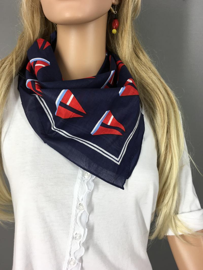 Halstuch Nickituch dunkelblau Bandana Vierecktuch maritimes Tuch  Segelboot rot weiß hellblau 100%  Baumwolle