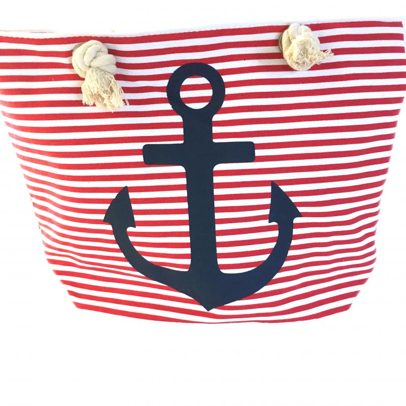 Strandtasche Badetasche Umhängetasche gestreift rot-weiss mit Anker dunkelblau