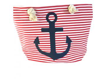 Strandtasche Badetasche Umhängetasche gestreift rot-weiss mit Anker dunkelblau
