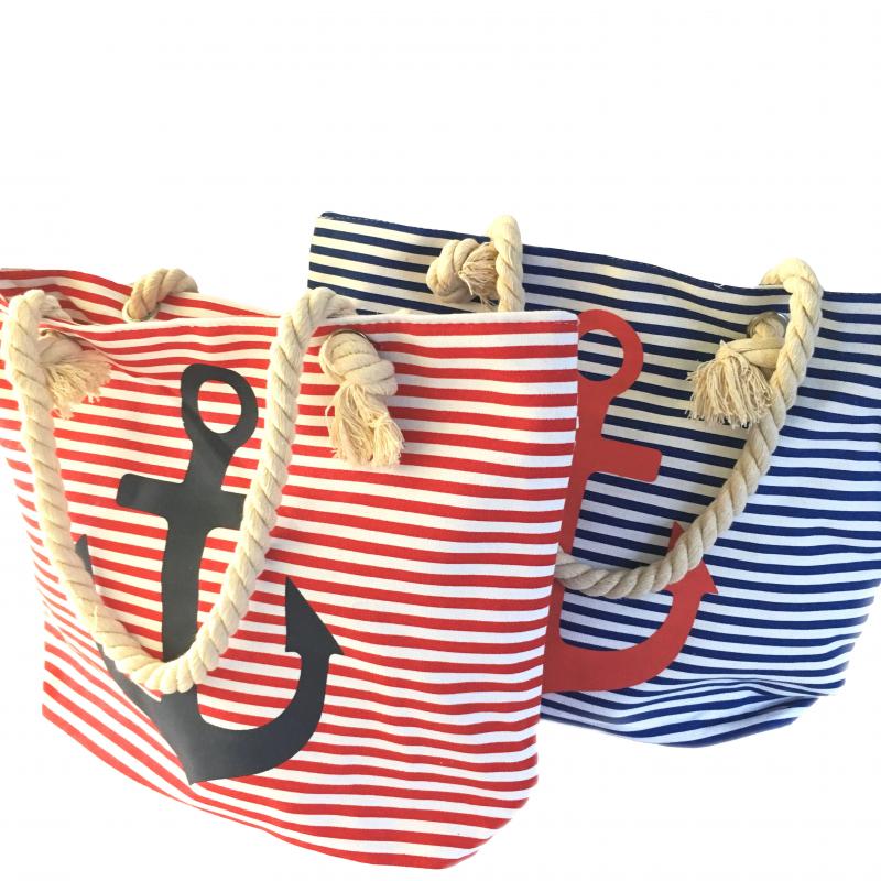 Strandtasche Badetasche Umhängetasche gestreift rot-weiss mit Anker dunkelblau