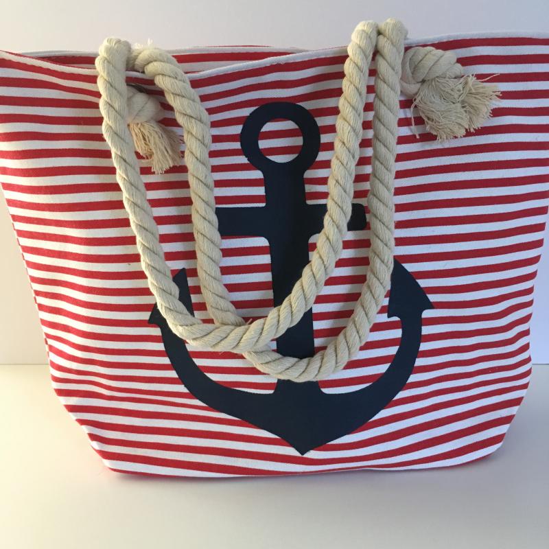 Strandtasche Badetasche Umhängetasche gestreift rot-weiss mit Anker dunkelblau