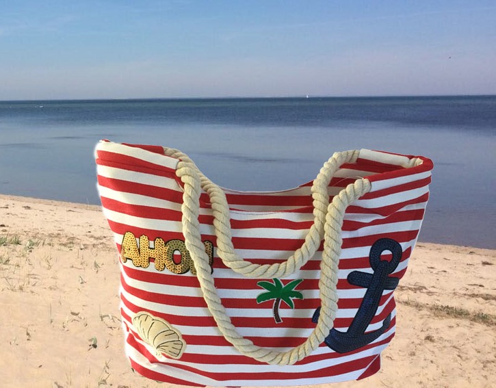Strandtasche Badetasche Umhängetasche gestreift rot-weiss mit Patches Anker Palme Ahoi