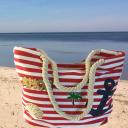 Strandtasche Badetasche Umhängetasche gestreift rot-weiss mit Patches Anker Palme Ahoi
