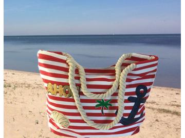 Strandtasche Badetasche Umhängetasche gestreift rot-weiss mit Patches Anker Palme Ahoi