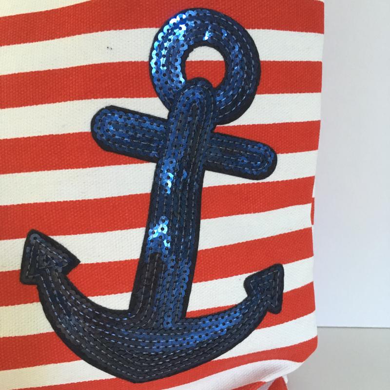 Strandtasche Badetasche Umhängetasche gestreift rot-weiss mit Patches Anker Palme Ahoi