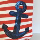 Strandtasche Badetasche Umhängetasche gestreift rot-weiss mit Patches Anker Palme Ahoi