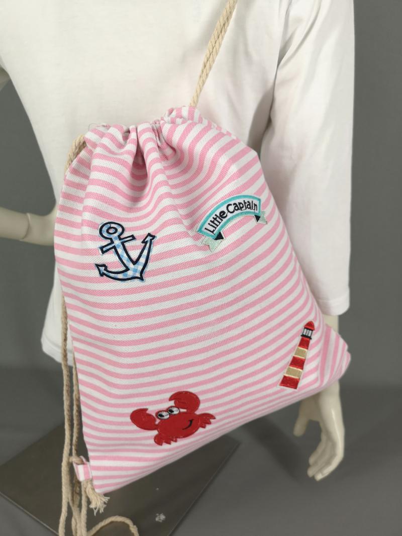 Rucksack Turnbeutel Rosa Weiß gestreift mit Patches Maritim Gym Bag Sportbeutel