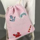 Rucksack Turnbeutel Rosa Weiß gestreift mit Patches Maritim Gym Bag Sportbeutel