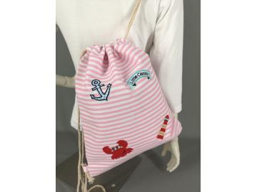 Rucksack Turnbeutel Rosa Weiß gestreift mit Patches Maritim Gym Bag Sportbeutel