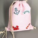 Rucksack Turnbeutel Rosa Weiß gestreift mit Patches Maritim Gym Bag Sportbeutel