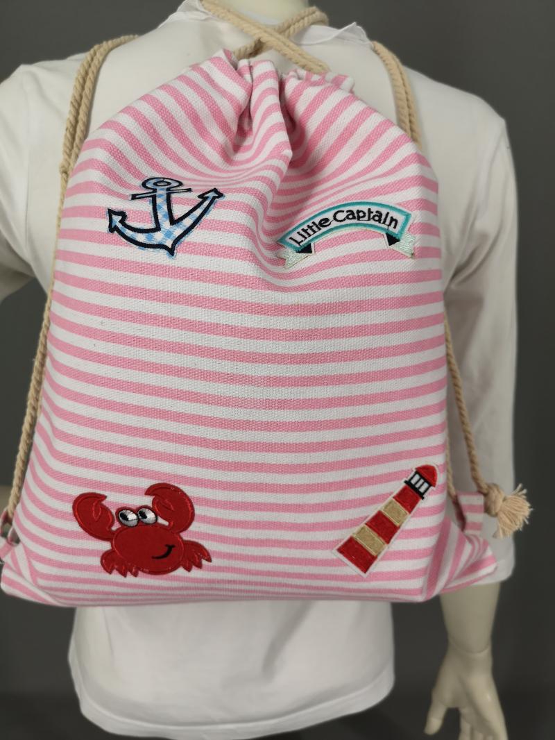 Rucksack Turnbeutel Rosa Weiß gestreift mit Patches Maritim Gym Bag Sportbeutel