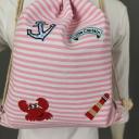 Rucksack Turnbeutel Rosa Weiß gestreift mit Patches Maritim Gym Bag Sportbeutel