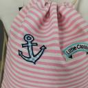 Rucksack Turnbeutel Rosa Weiß gestreift mit Patches Maritim Gym Bag Sportbeutel