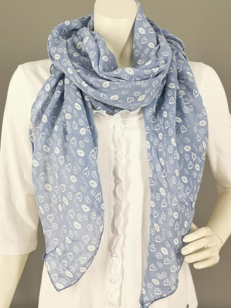Italy Schal Tuch Loop himmelblau Mix aus Herzchen Love Peace Kussmund Seide Baumwolle