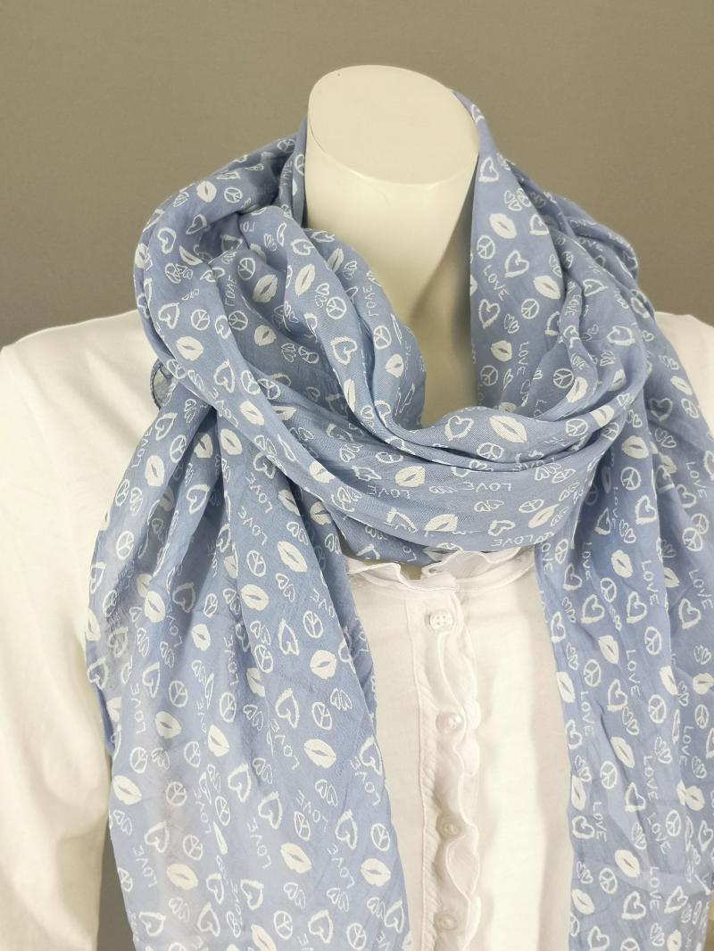 Italy Schal Tuch Loop himmelblau Mix aus Herzchen Love Peace Kussmund Seide Baumwolle