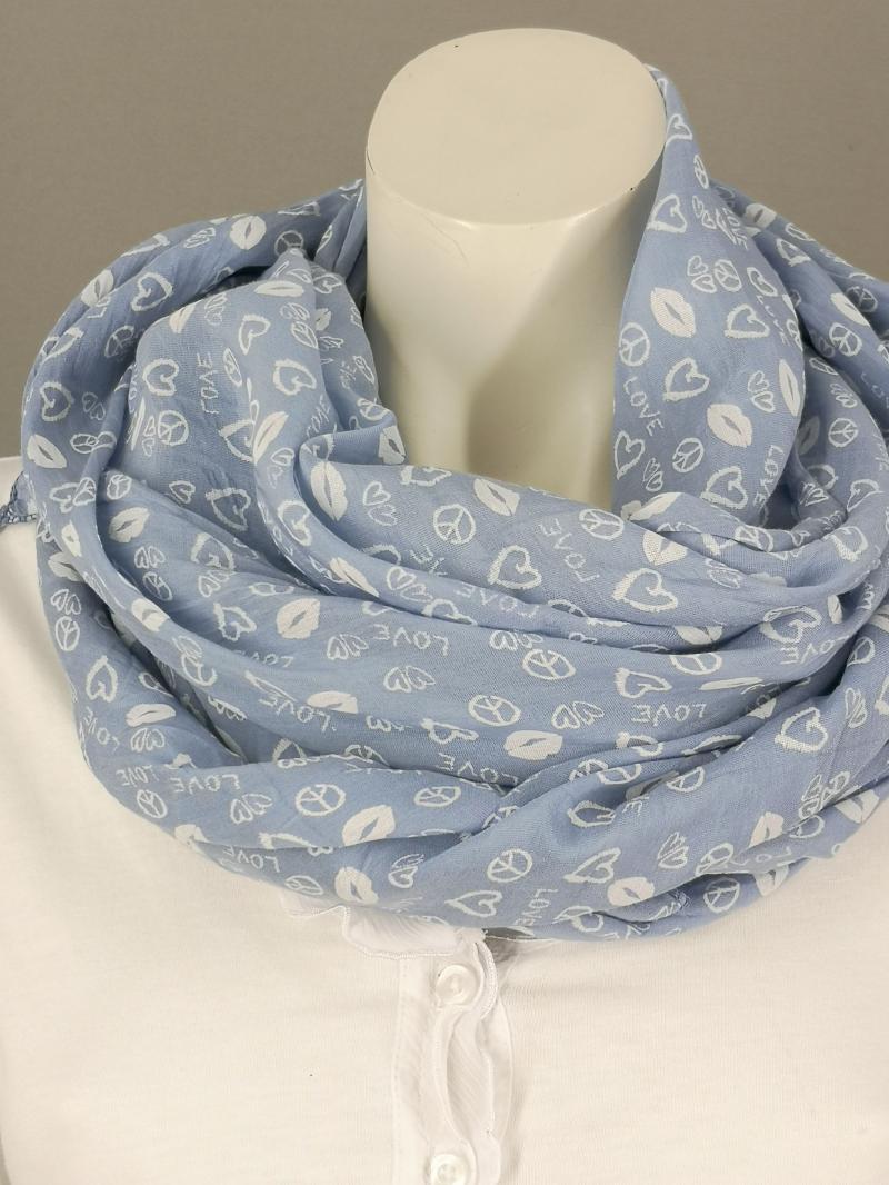 Italy Schal Tuch Loop himmelblau Mix aus Herzchen Love Peace Kussmund Seide Baumwolle