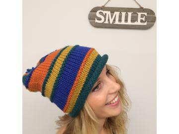 A-Zone Mütze Strickmütze bunt Bommel grün blau orange ocker One Size