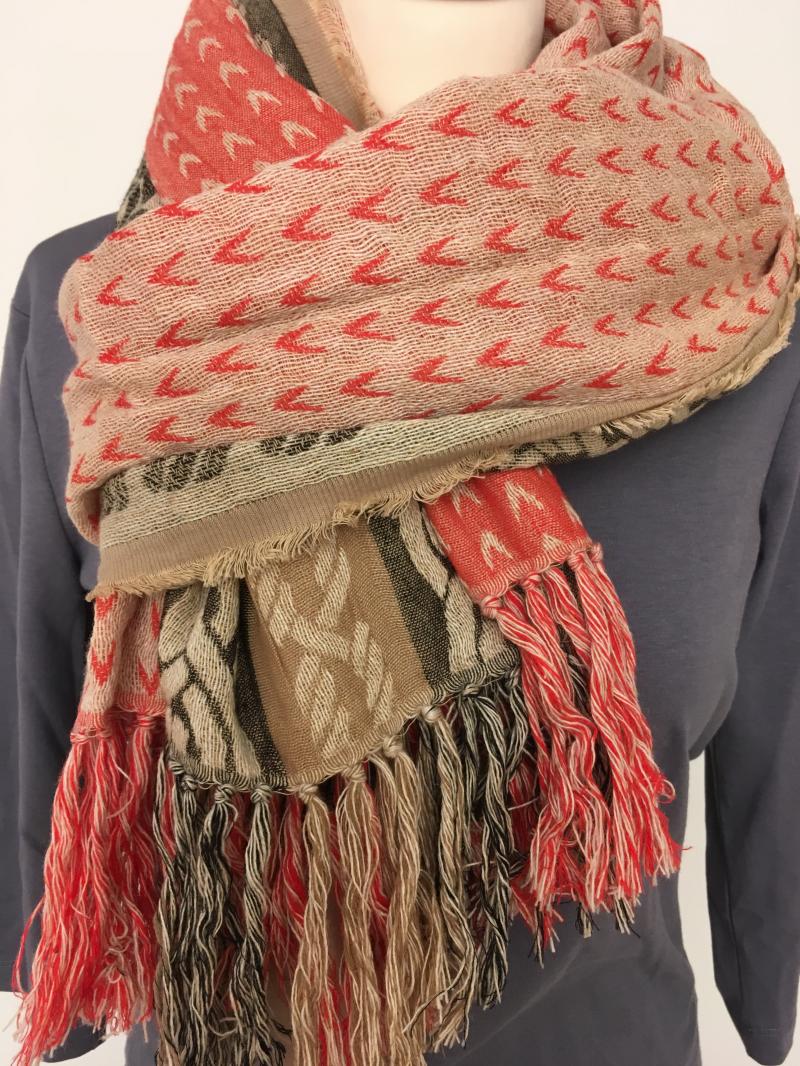 Passigatti Schal Winterschal Webschal Beige Braun Koralle Wolle Baumwolle