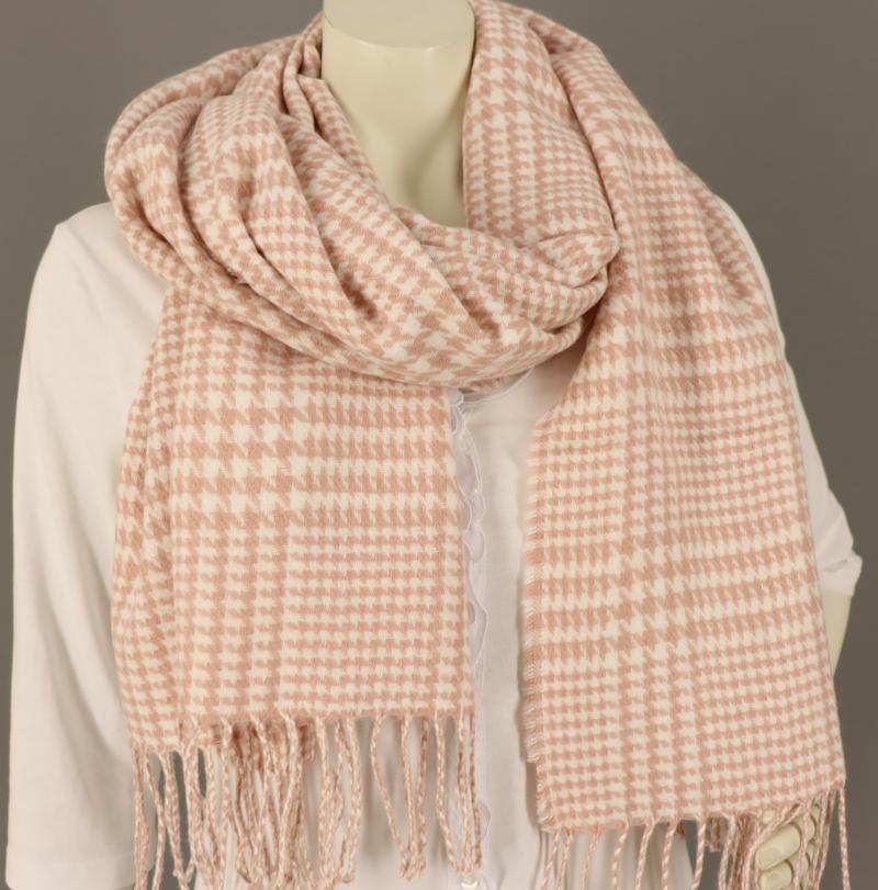 Samaya Schal Winterschal Wollweiß Rosé mit Hahnentritt und Fransen