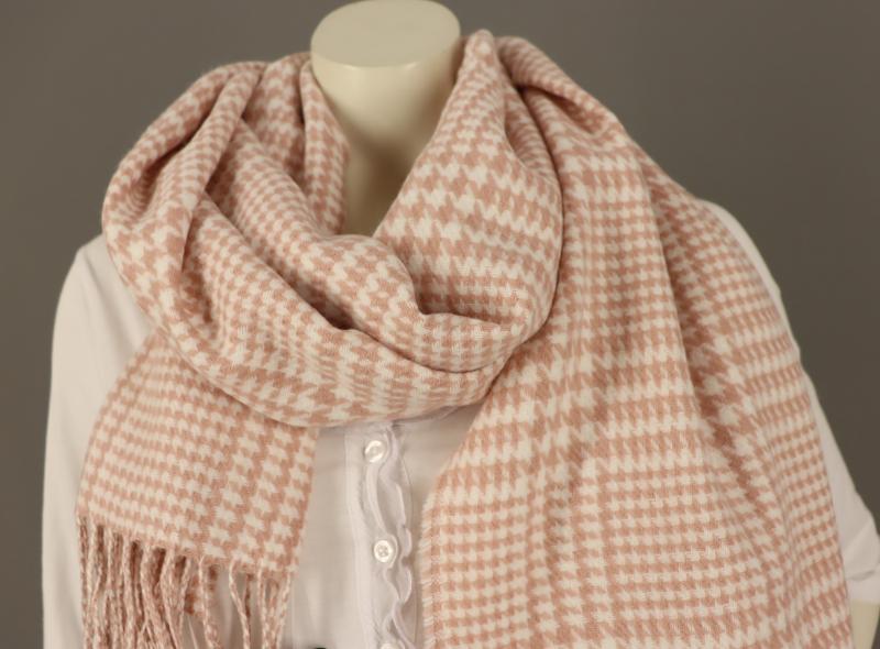 Samaya Schal Winterschal Wollweiß Rosé mit Hahnentritt und Fransen