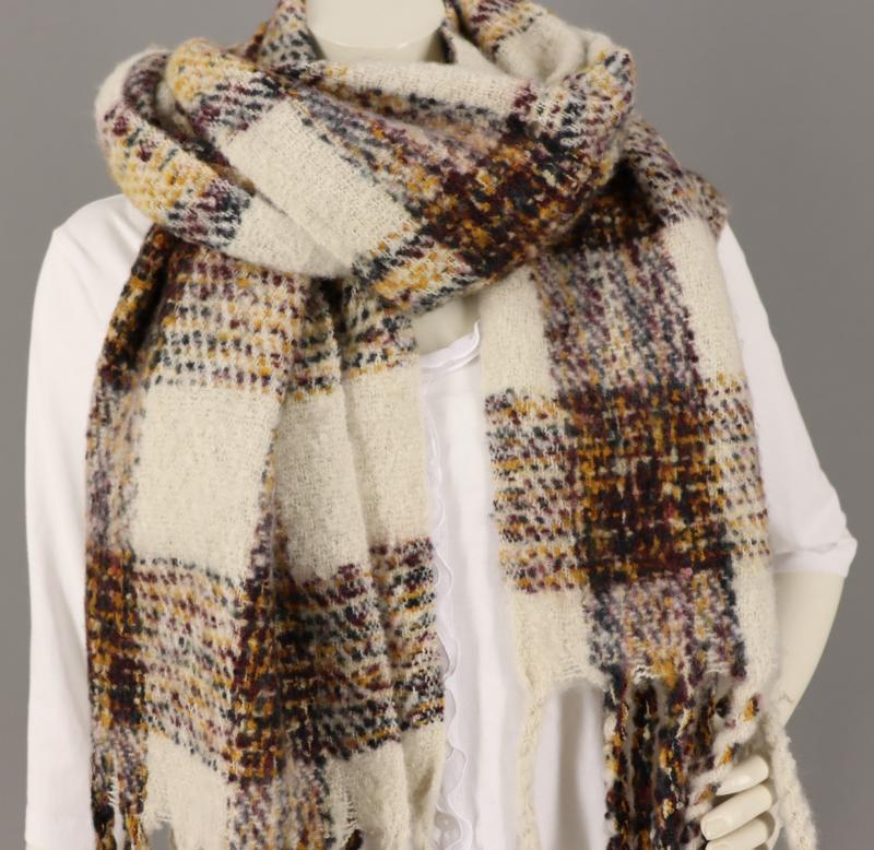 Winterschal kariert Karo lange Fransen braun beige wollweiß cognac