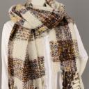 Winterschal kariert Karo lange Fransen braun beige wollweiß cognac
