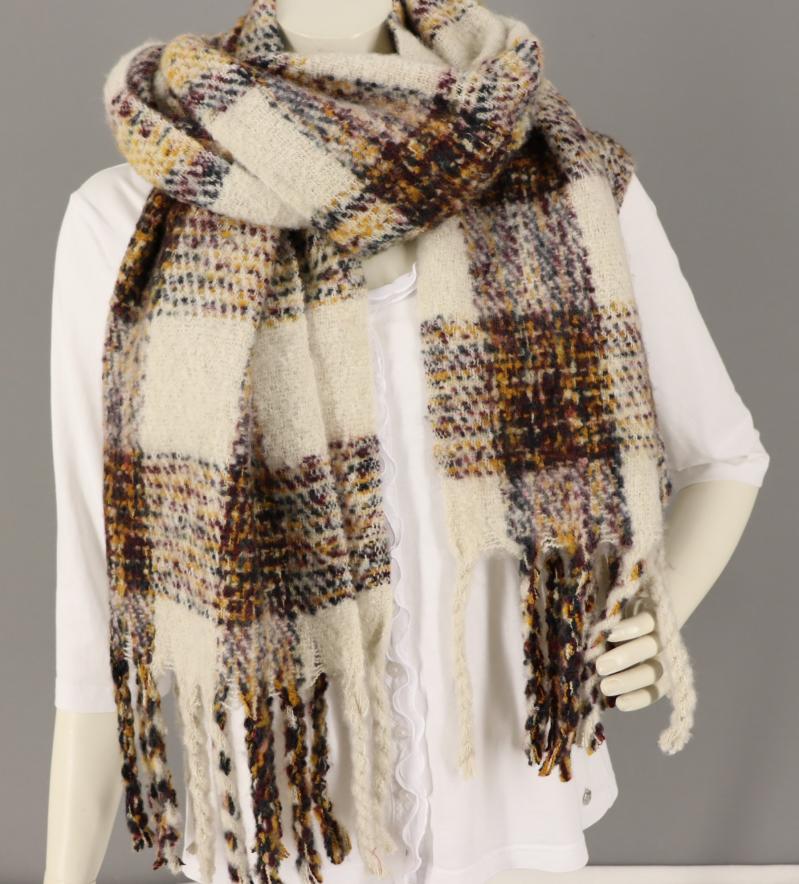 Winterschal kariert Karo lange Fransen braun beige wollweiß cognac