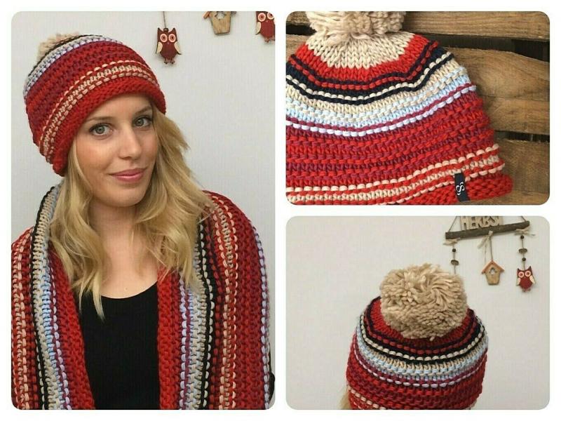 SAMAYA Set Loop Schal und Mütze geringelt blau rot beige hellblau Bommel