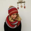 SAMAYA Set Loop Schal und Mütze geringelt blau rot beige hellblau Bommel