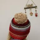 SAMAYA Set Loop Schal und Mütze geringelt blau rot beige hellblau Bommel