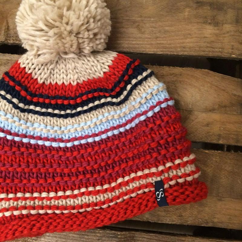SAMAYA Set Loop Schal und Mütze geringelt blau rot beige hellblau Bommel
