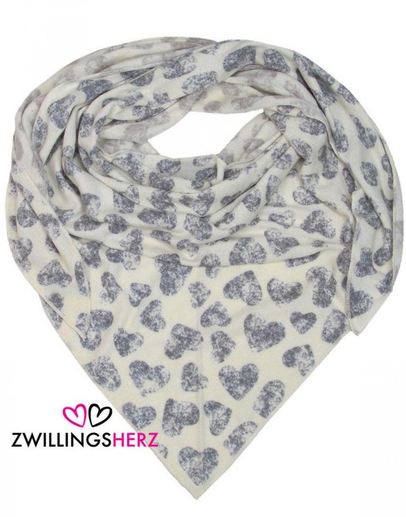 Zwillingsherz Dreieckstuch Schal mit Kaschmir Wolle Wollweiß Herzchen jeansblau